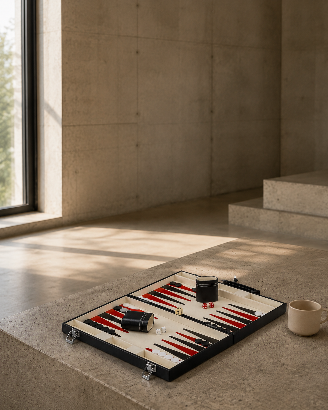 Backgammon ouvert, plateau et pièces