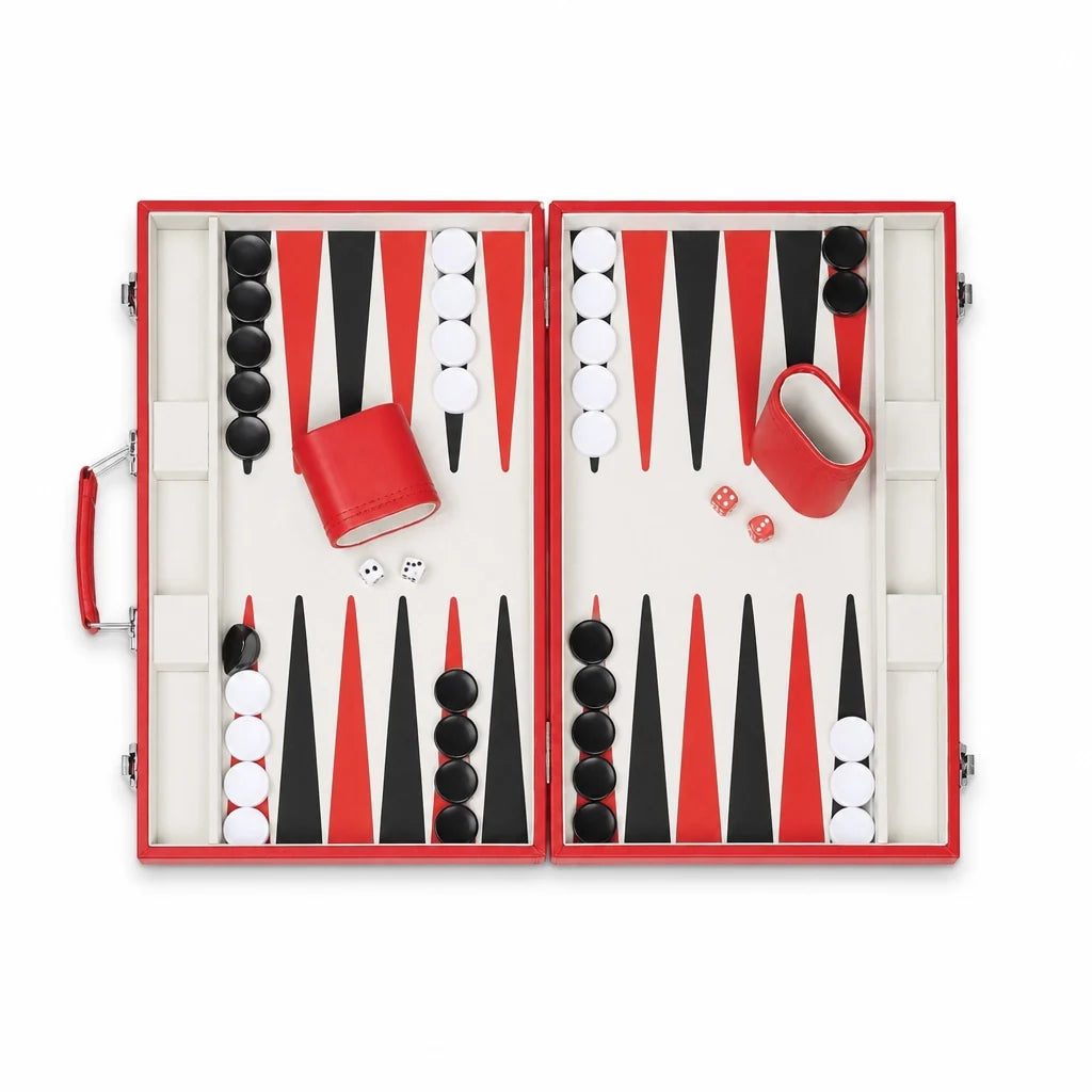 Le Ashby, backgammon 36 cm en similicuir rouge, vue sur fond blanc